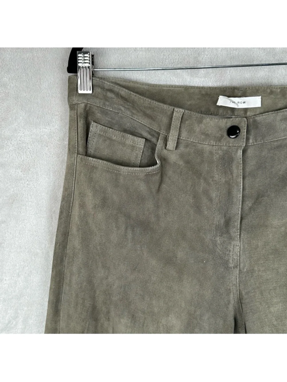 The Row Olive Green Lambskin Suede Straight-Leg Pants (Quiet Luxury) - Picture 3 of 13